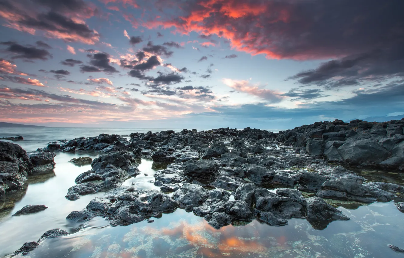 Photo wallpaper clouds, stones, the ocean, dawn, shore, neo