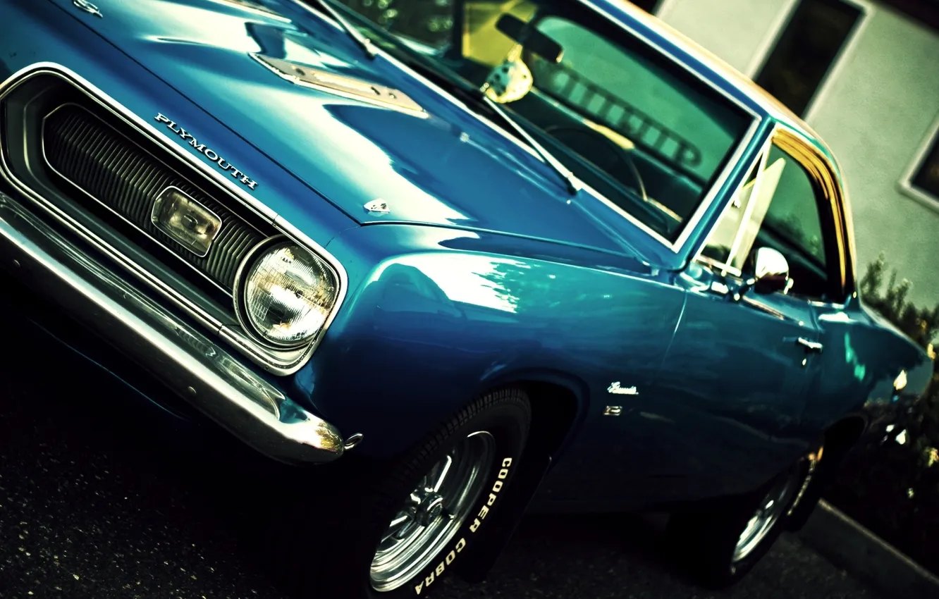 Photo wallpaper blue, coupe, muscle car, Barracuda, Plymouth, the front, Muscle car, Barracuda