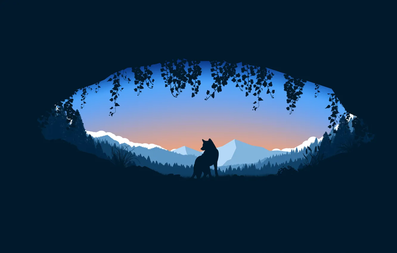 Photo wallpaper forest, trees, landscape, nature, mountains, animal, wolf, digital art