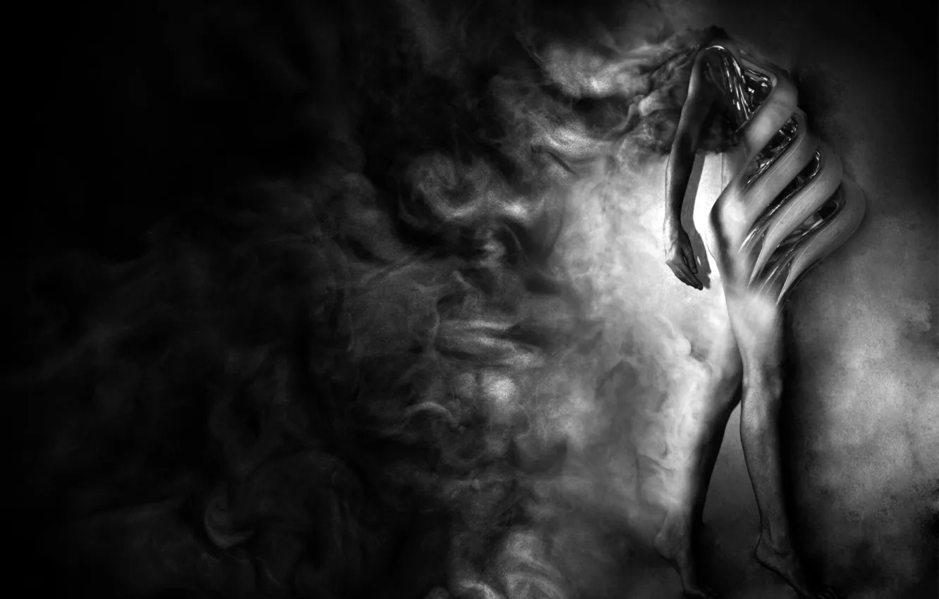 Photo wallpaper girl, smoke, black and white