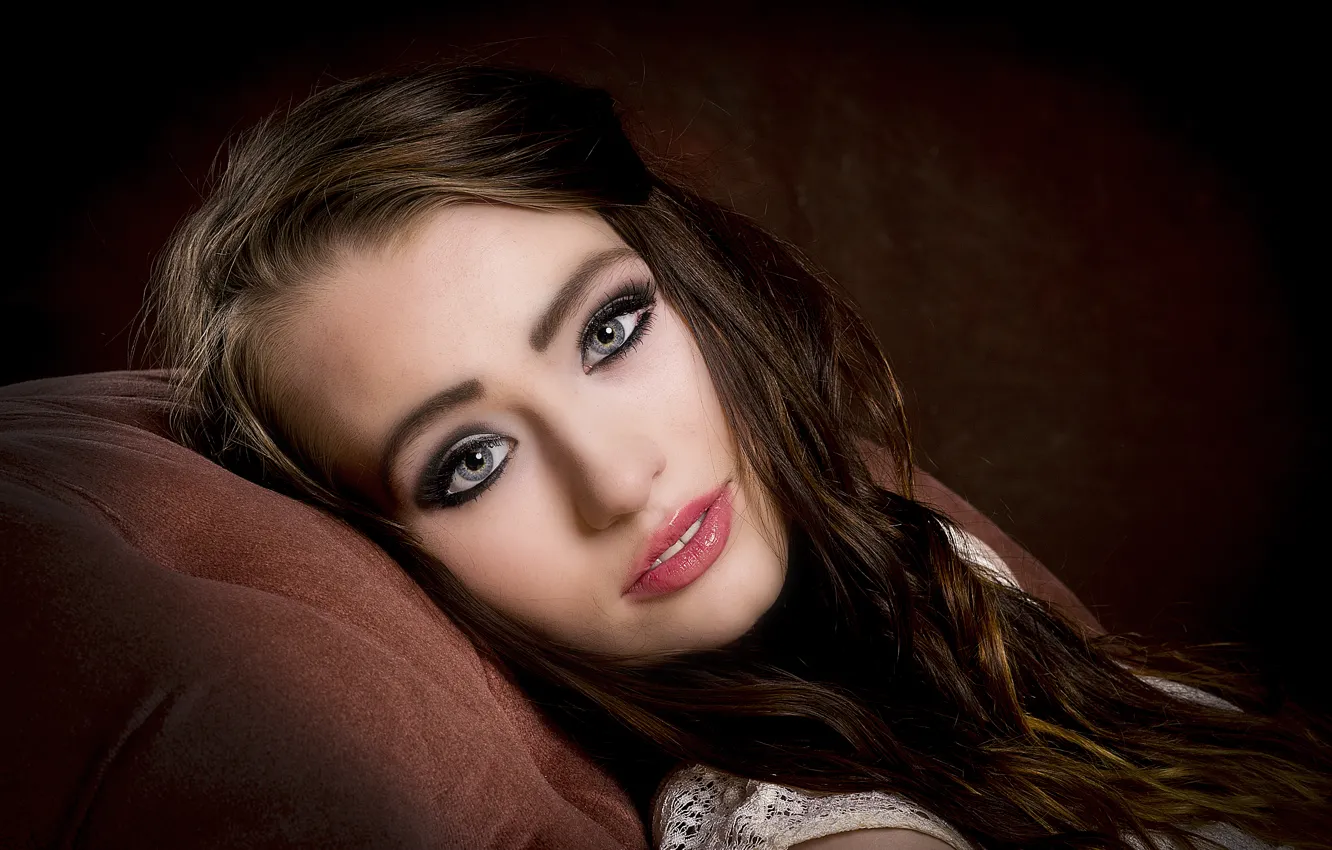 Photo wallpaper look, girl, eyelashes, arrows, hair, chair, makeup, lips