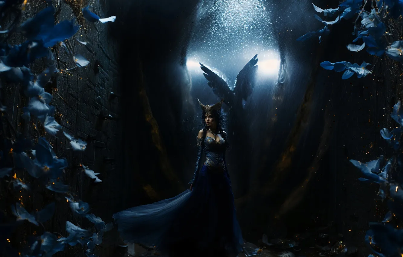 Photo wallpaper girl, flowers, darkness, the grotto