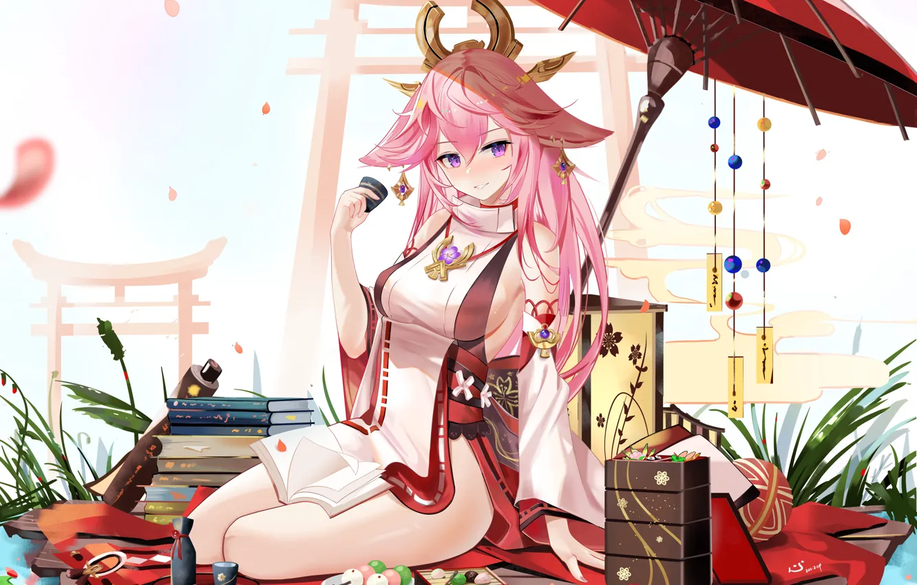 Photo wallpaper book, cups saucers, food for tea, umbrella on the earth, Genshin Impact, Yae Miko, Yae …