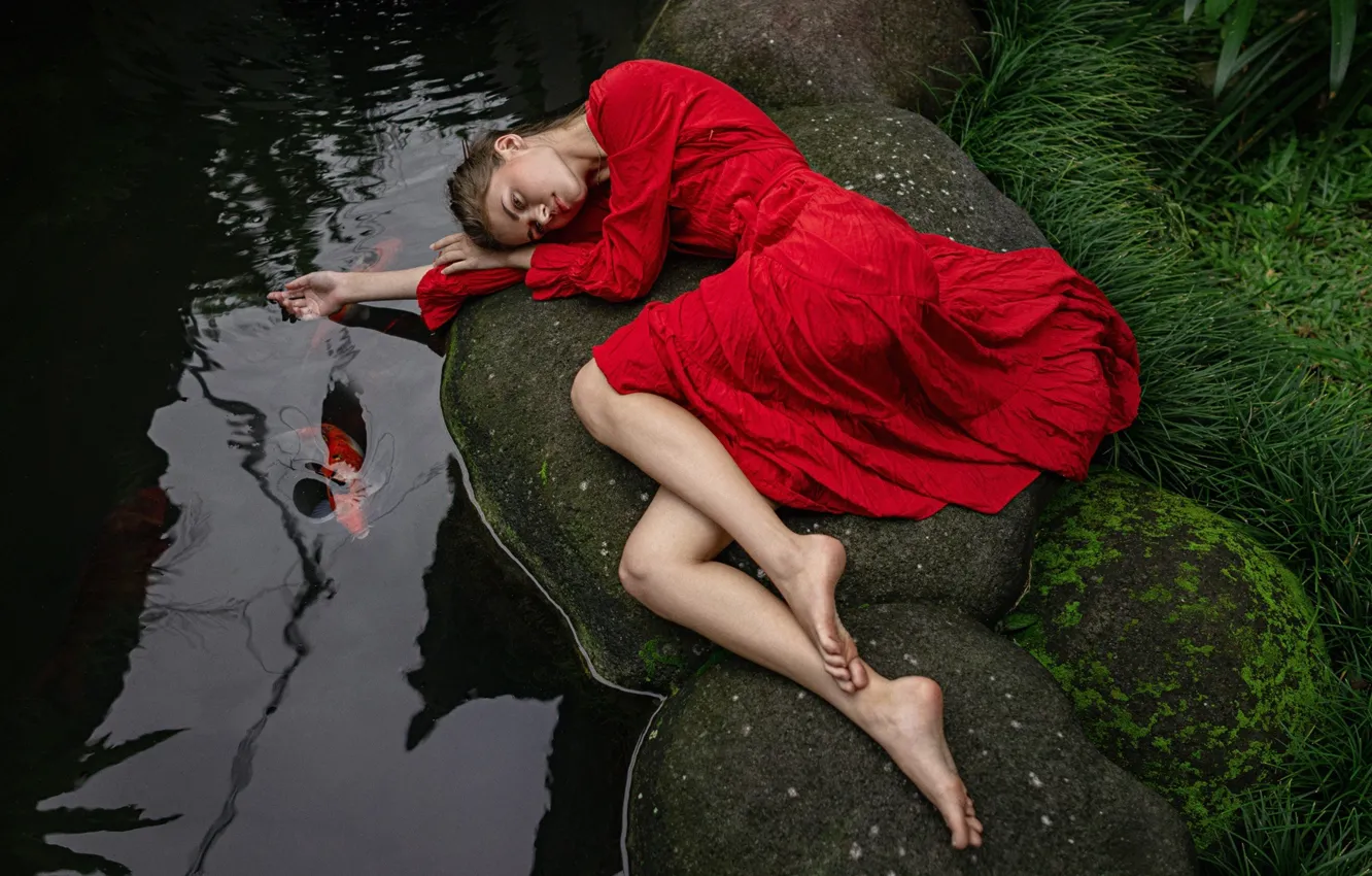 Photo wallpaper water, girl, pose, pond, stones, mood, feet, the situation