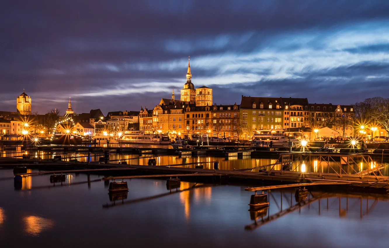 Photo wallpaper the sky, night, lights, river, home, Germany, pier, lights