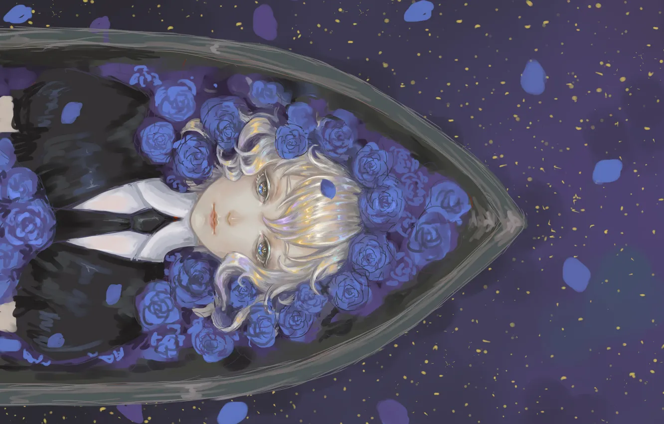 Photo wallpaper girl, roses, anime, art, blue roses, House no Kuni