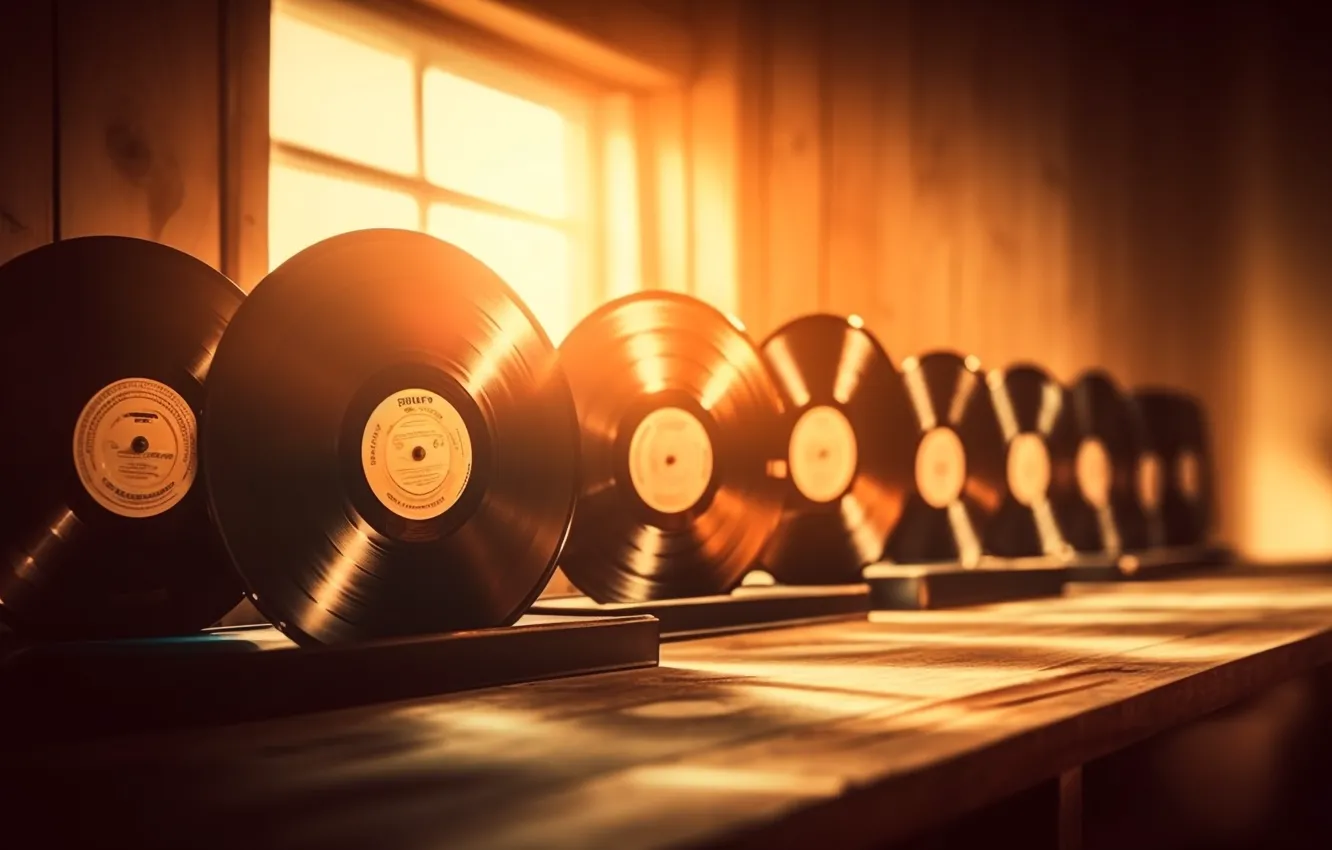 Photo wallpaper rays, light, music, window, vinyl, record, records, a lot