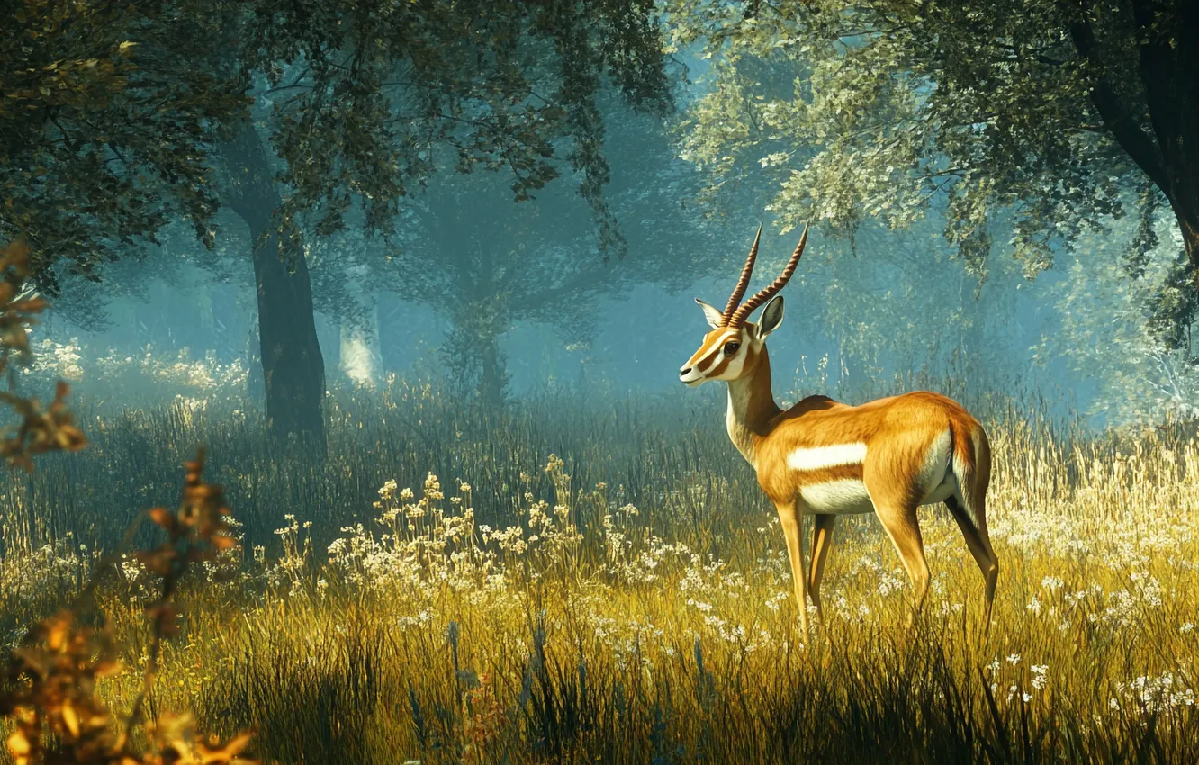 Photo wallpaper forest, grass, trees, nature, fog, glade, ROE, AI art