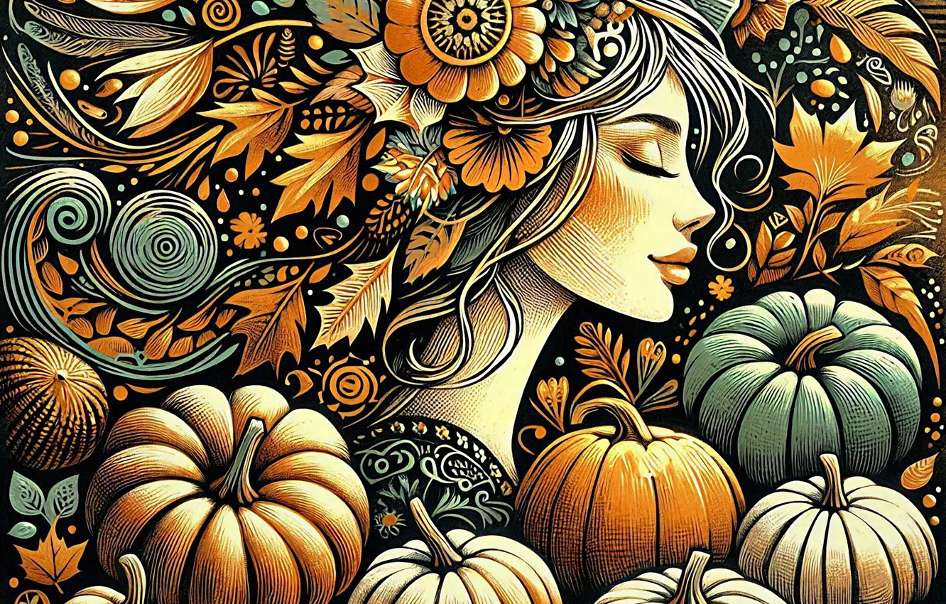 Photo wallpaper autumn, leaves, girl, flowers, pattern, styling, garden, harvest