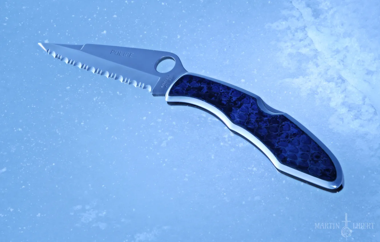 Photo wallpaper Winter, Snow, Knife, Ice, Police, Edged weapons, Spyderco, Blue skin