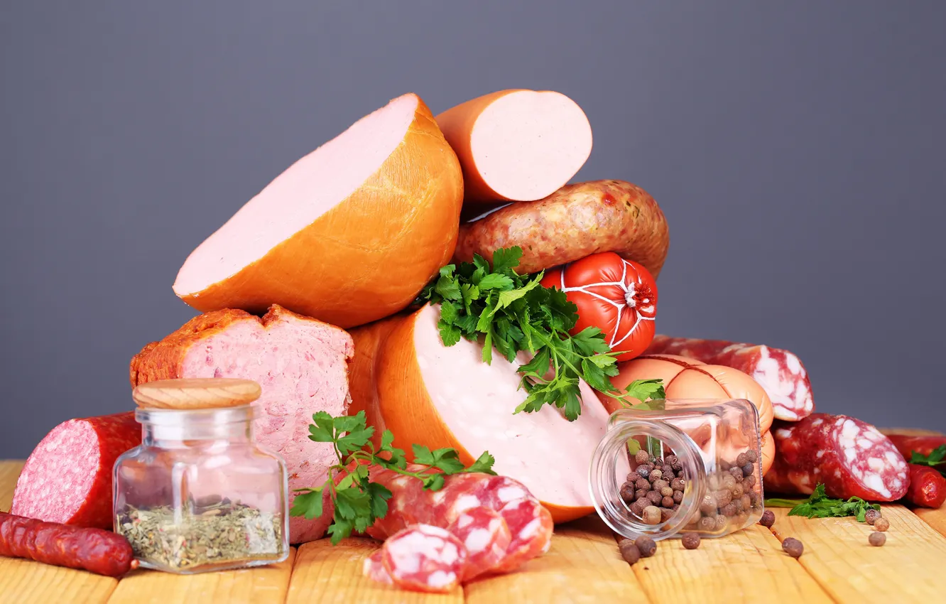 Photo wallpaper sausage, spices, ham