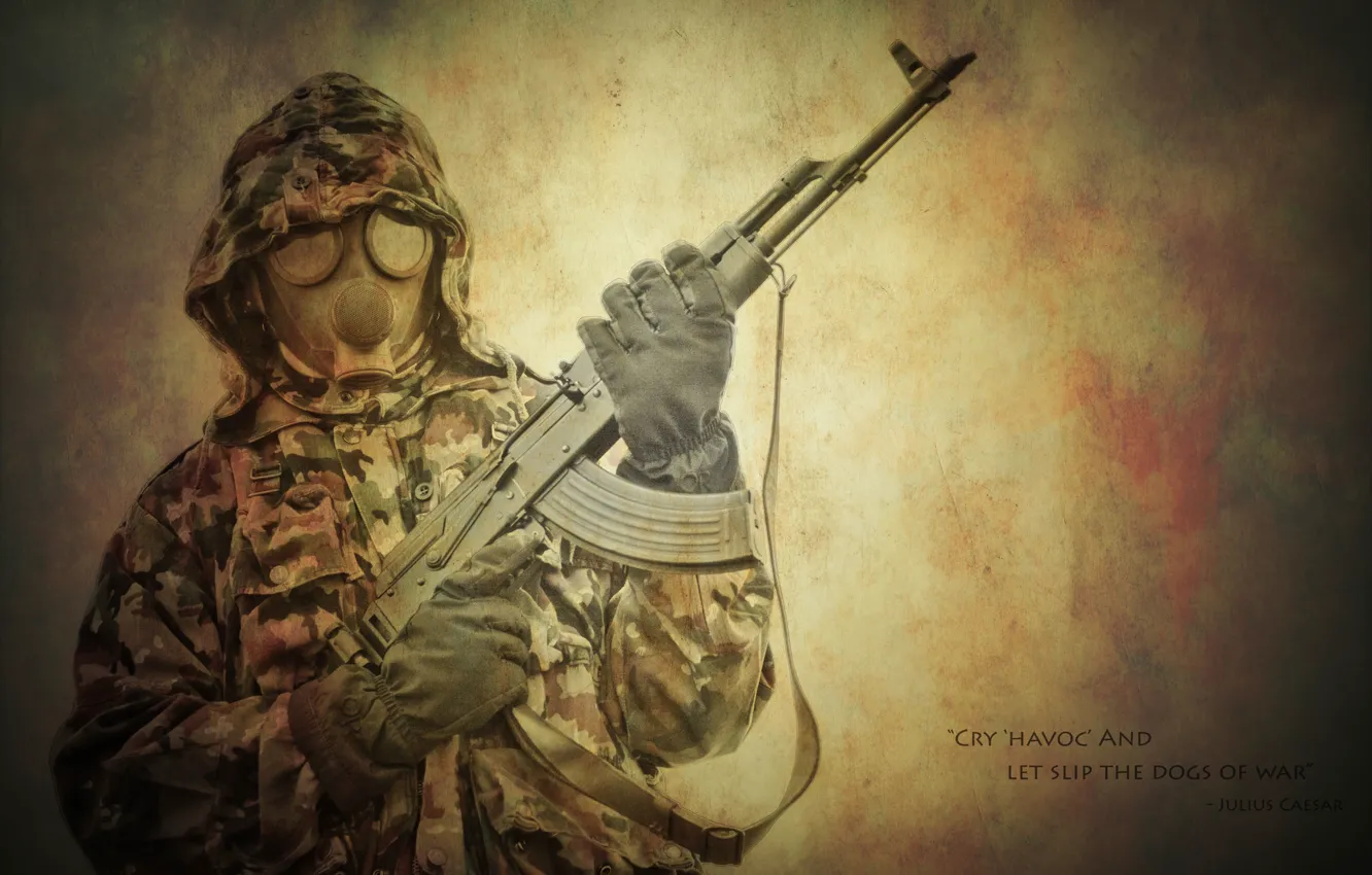 Photo wallpaper weapons, the inscription, hood, gas mask, male, Kalash