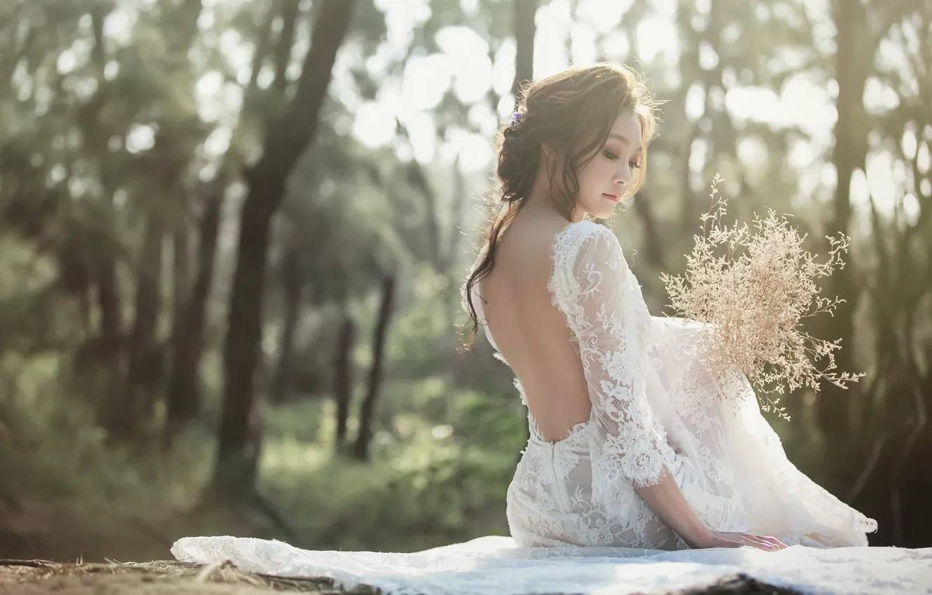 Photo wallpaper girl, back, bouquet, dress, Asian, the bride
