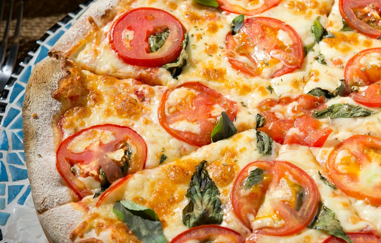 Photo wallpaper macro, cheese, pizza, tomatoes, Basil