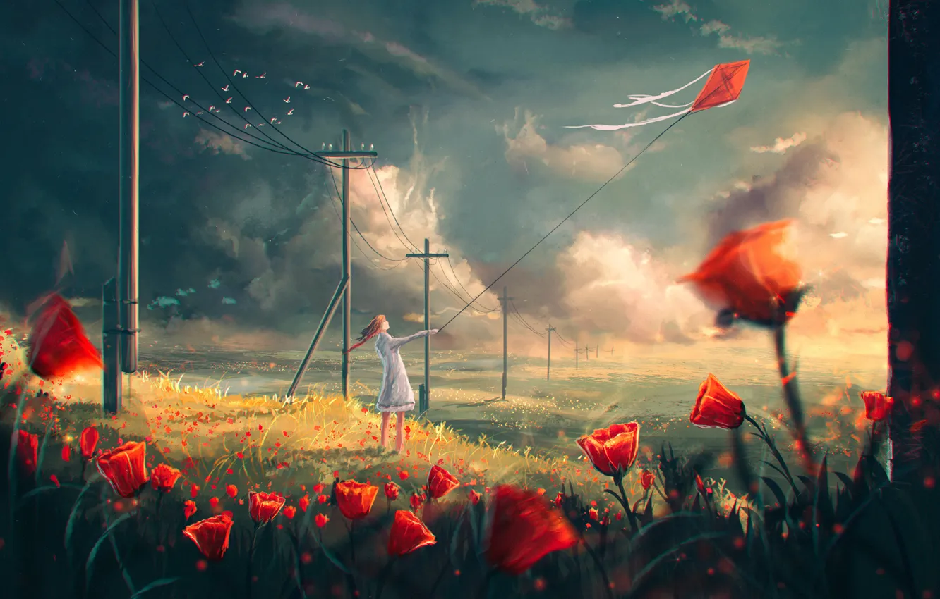 Photo wallpaper field, girl, clouds, flowers, posts, snakes, air