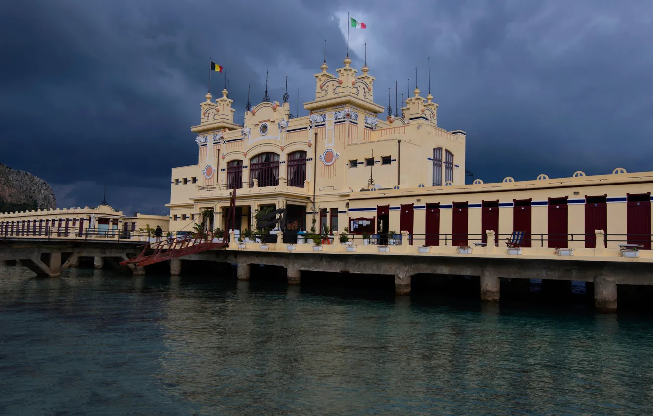 Photo wallpaper sea, beach, Italy, restaurant, Palermo, Mondello
