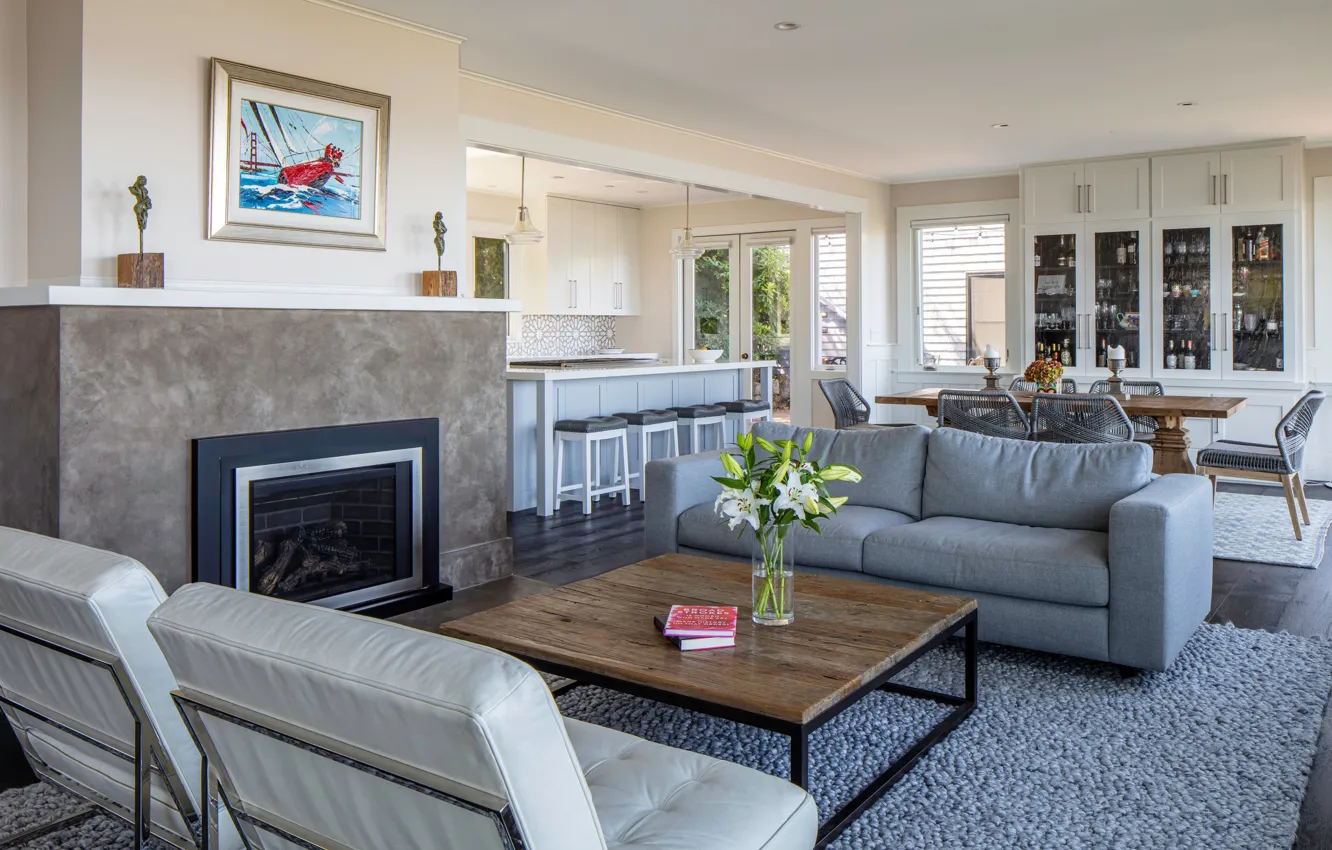 Photo wallpaper design, interior, kitchen, living room, dining room, Sausalito, by David Ludwig architect, shingle style