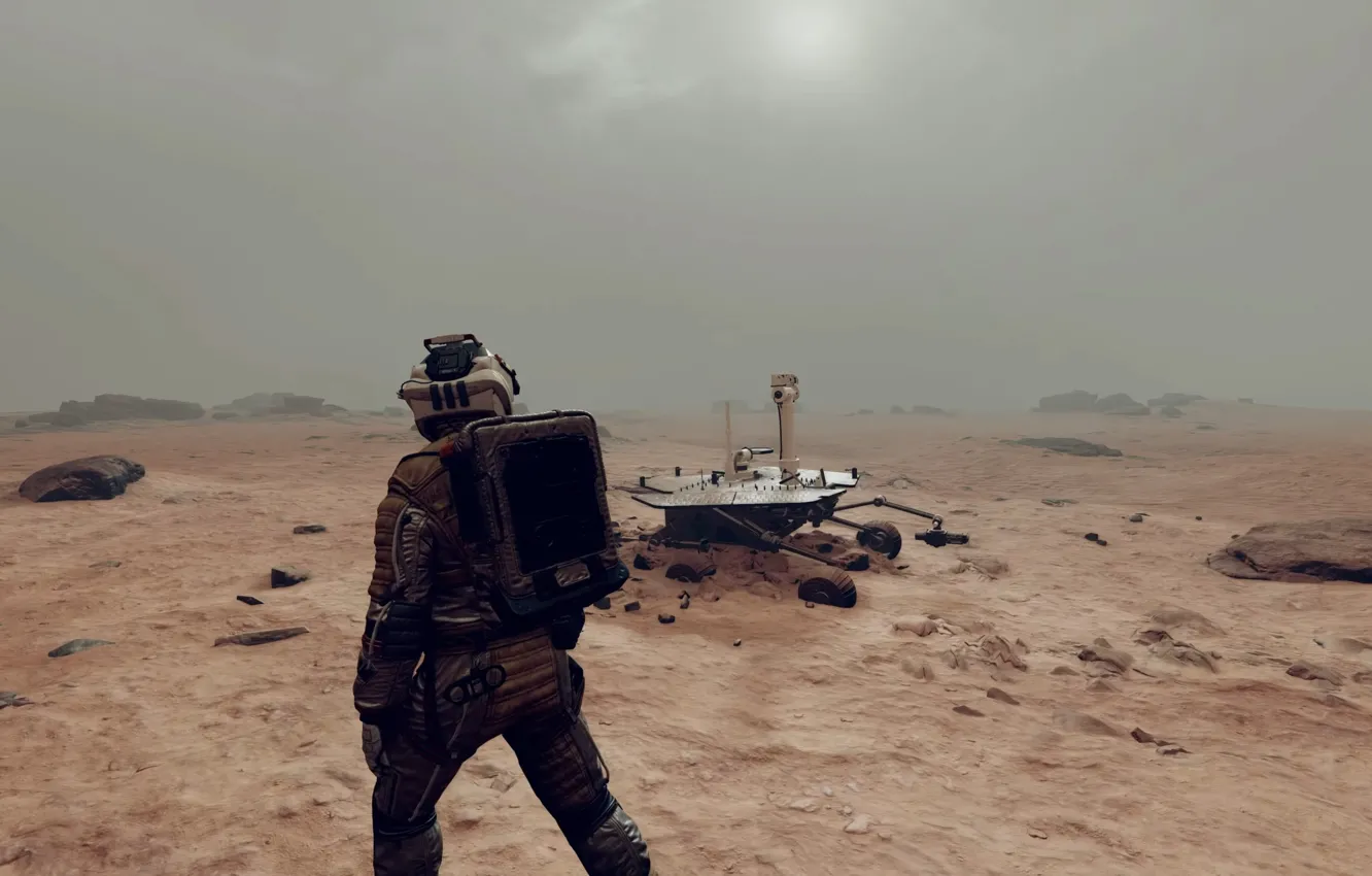 Photo wallpaper desert, people, planet, the situation, the suit, Mars, Starfield, the Rover