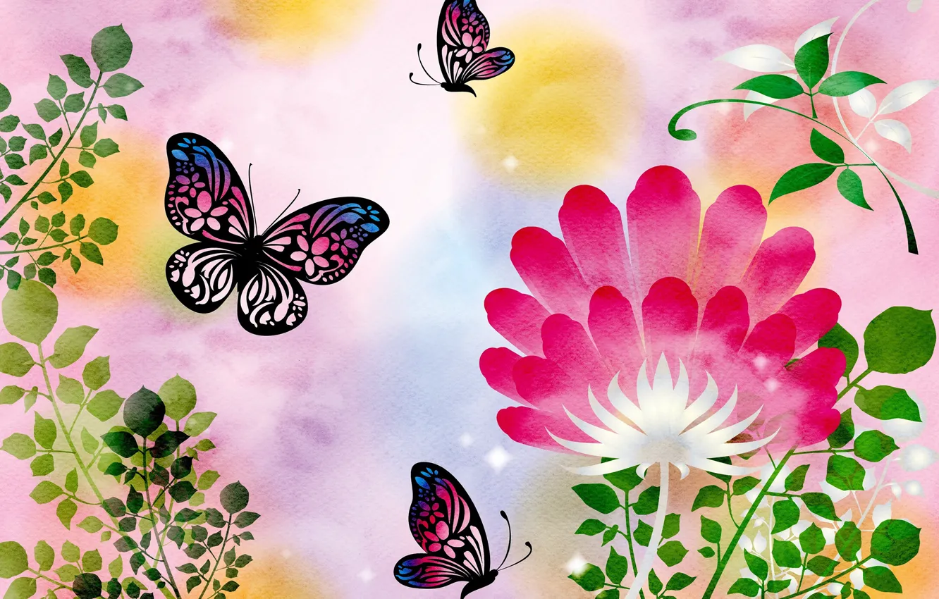 Photo wallpaper flowers, background, pattern, butterfly