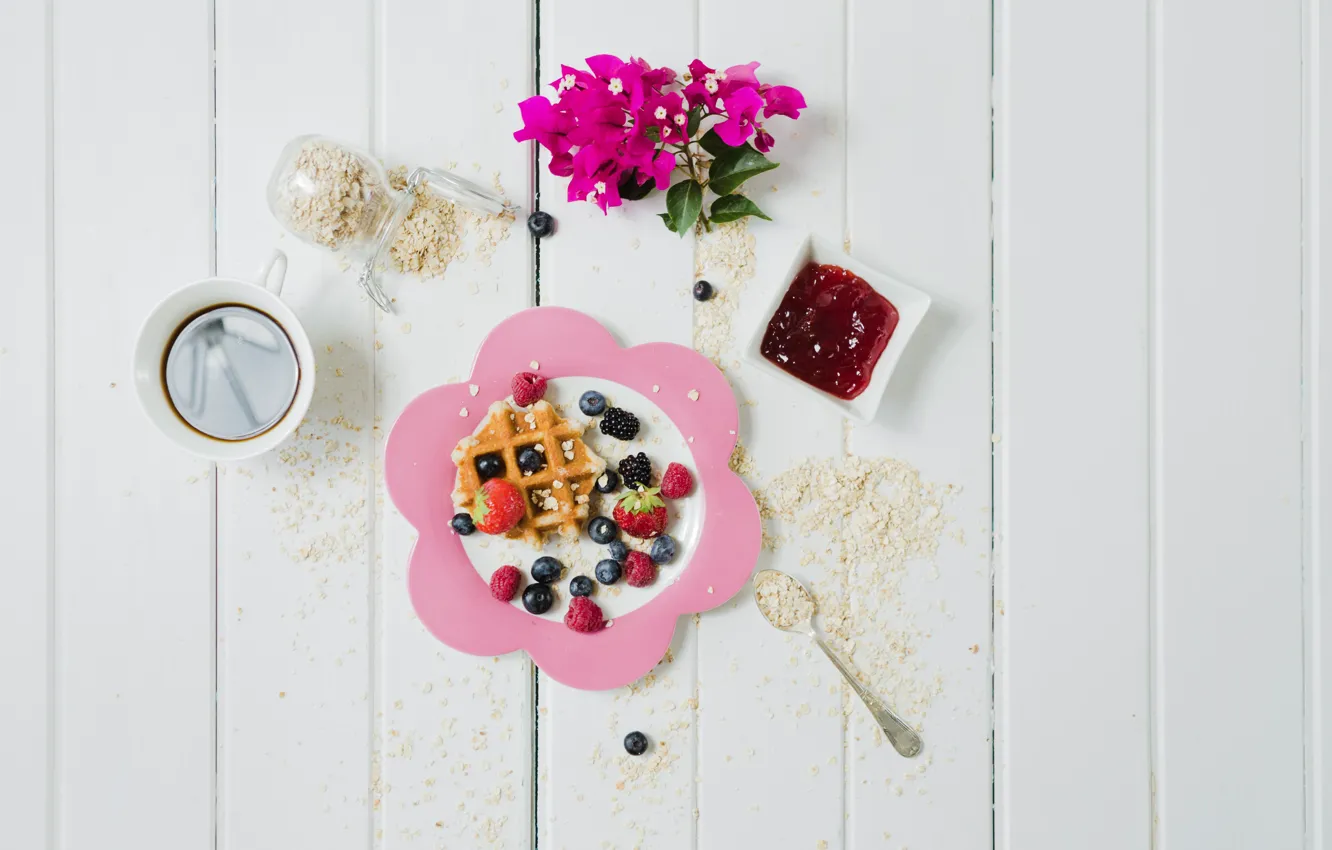 Photo wallpaper berries, Breakfast, jam, wafer, oatmeal