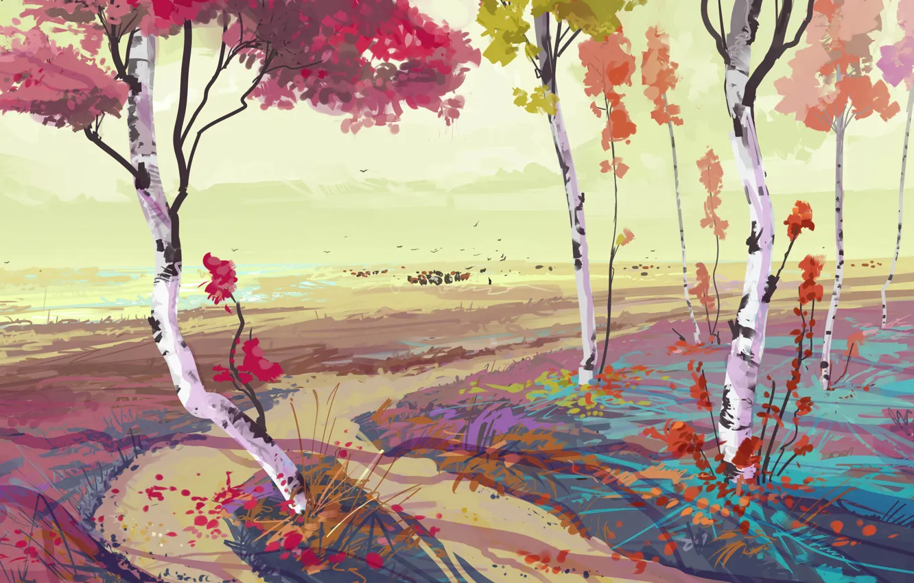 Photo wallpaper autumn, trees, art, birch, painted landscape