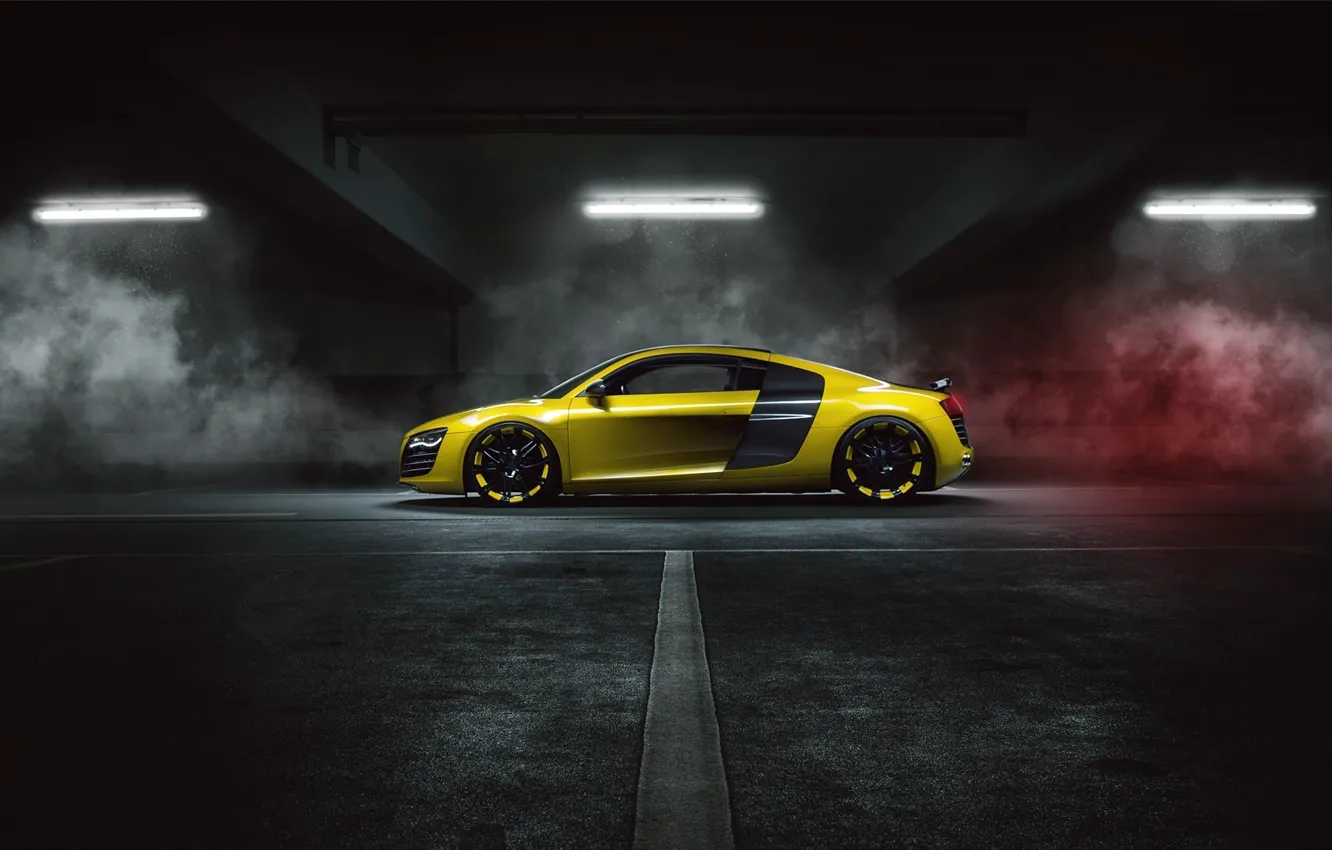 Photo wallpaper Audi, Yellow, Side, Smoke, Supercar, MTM