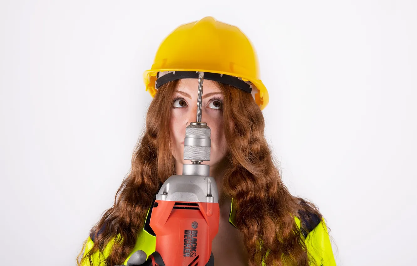 Photo wallpaper girl, face, hair, construction, helmet, drill