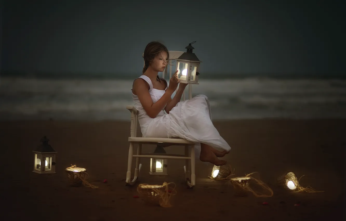 Photo wallpaper sea, girl, shore, lamp