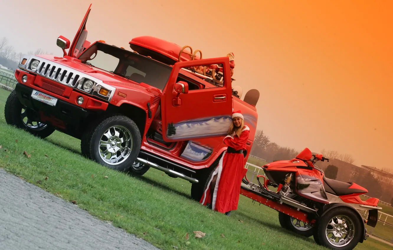 Photo wallpaper look, girl, blonde, Hummer, red car, jet