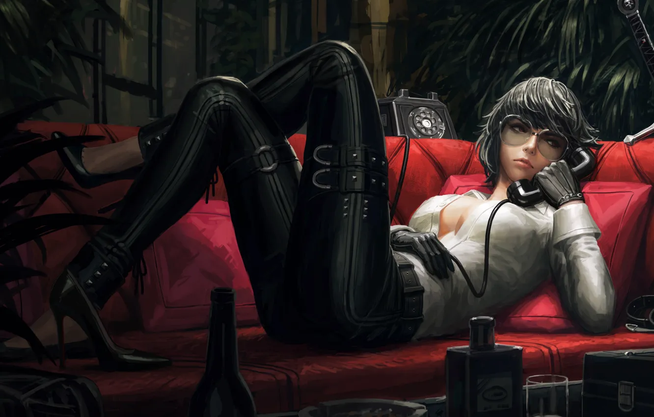 Wallpaper girl, glasses, neckline, phone, bottle, girl, cleavage, the