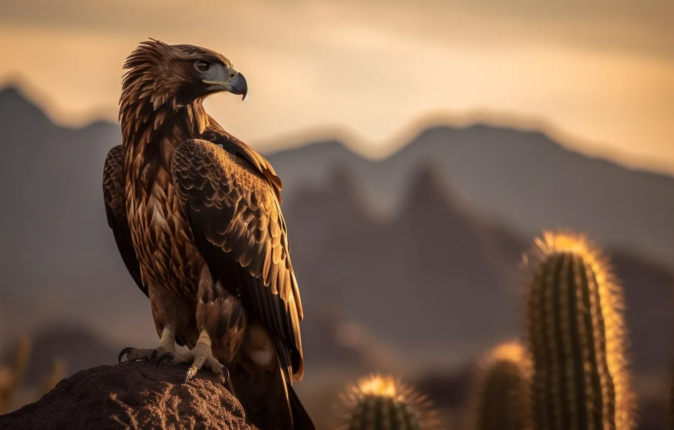 Photo wallpaper Sunset, Mountains, Bird, Cacti, Predator, Hawk, Digital art, A bird of prey