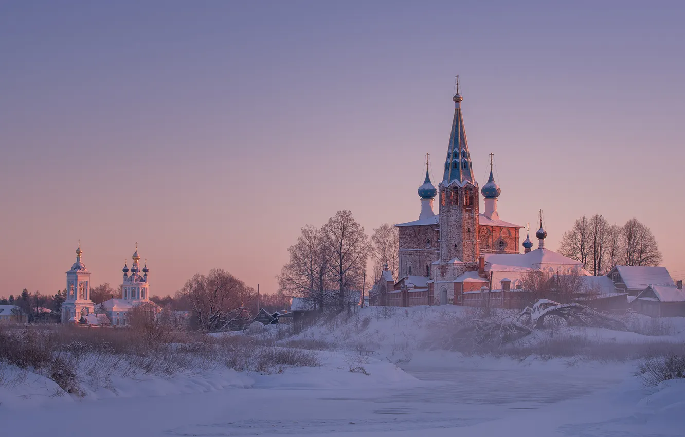 Photo wallpaper winter, snow, river, Church, temple, Russia, the Church of the Intercession of the blessed virgin …