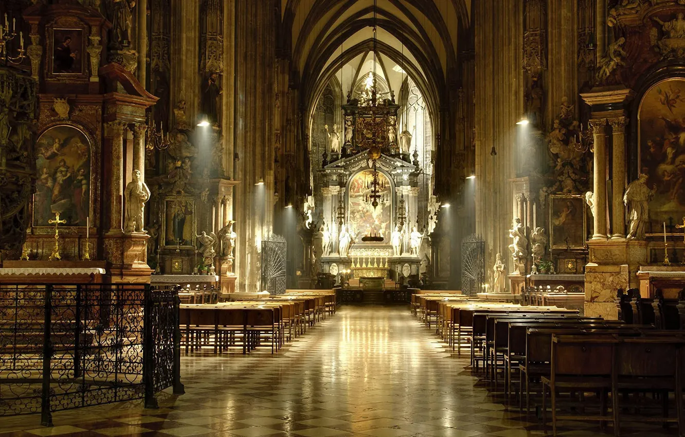 Photo wallpaper interior, pictures, columns, temple, stained glass, statues, the altar, Cathedral