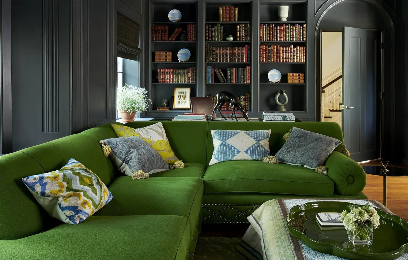 Photo wallpaper design, style, room, interior, library, living room, green sofa