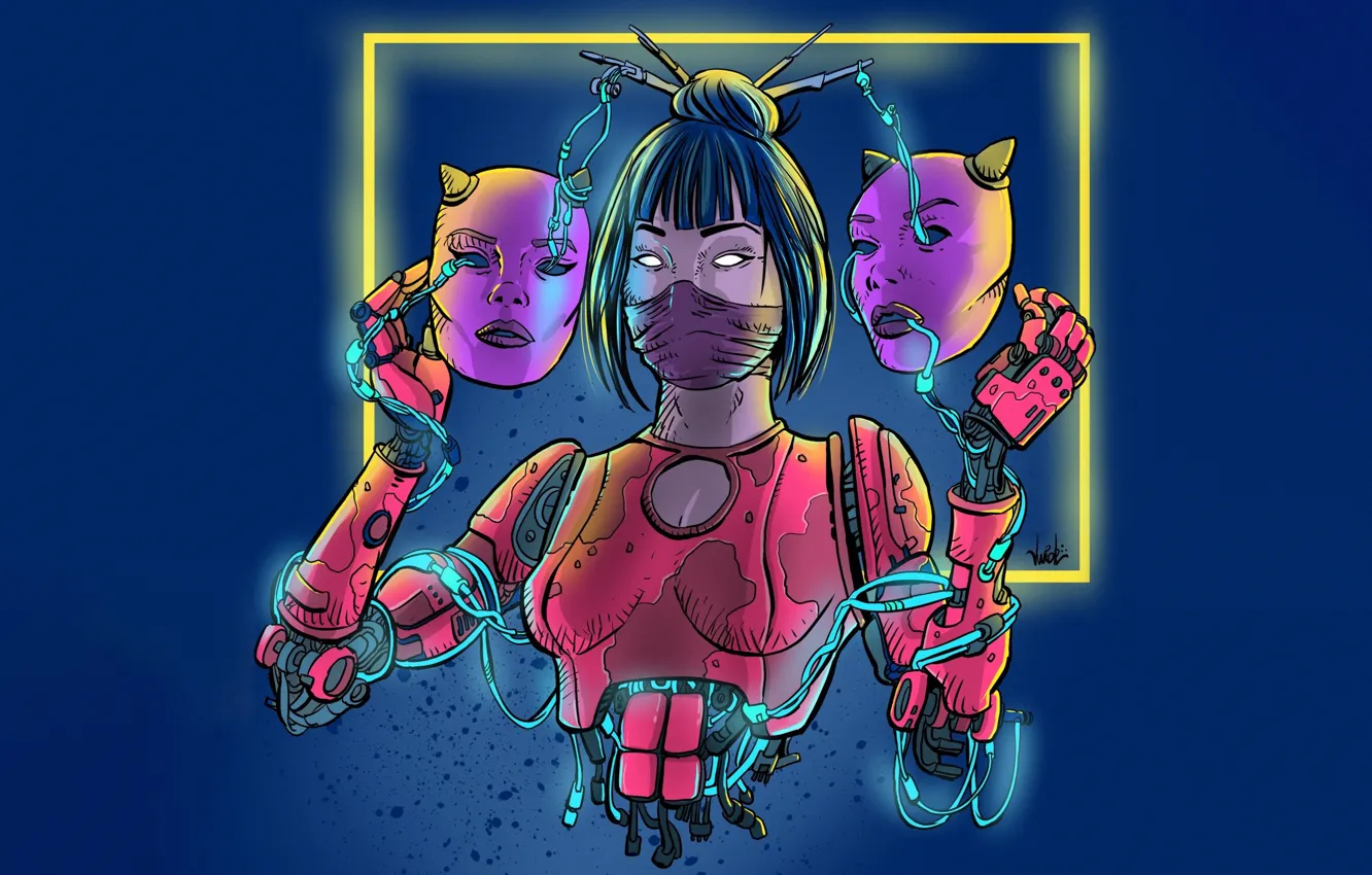 Photo wallpaper girl, style, fiction, robot, minimalism, mask, girl, Asian