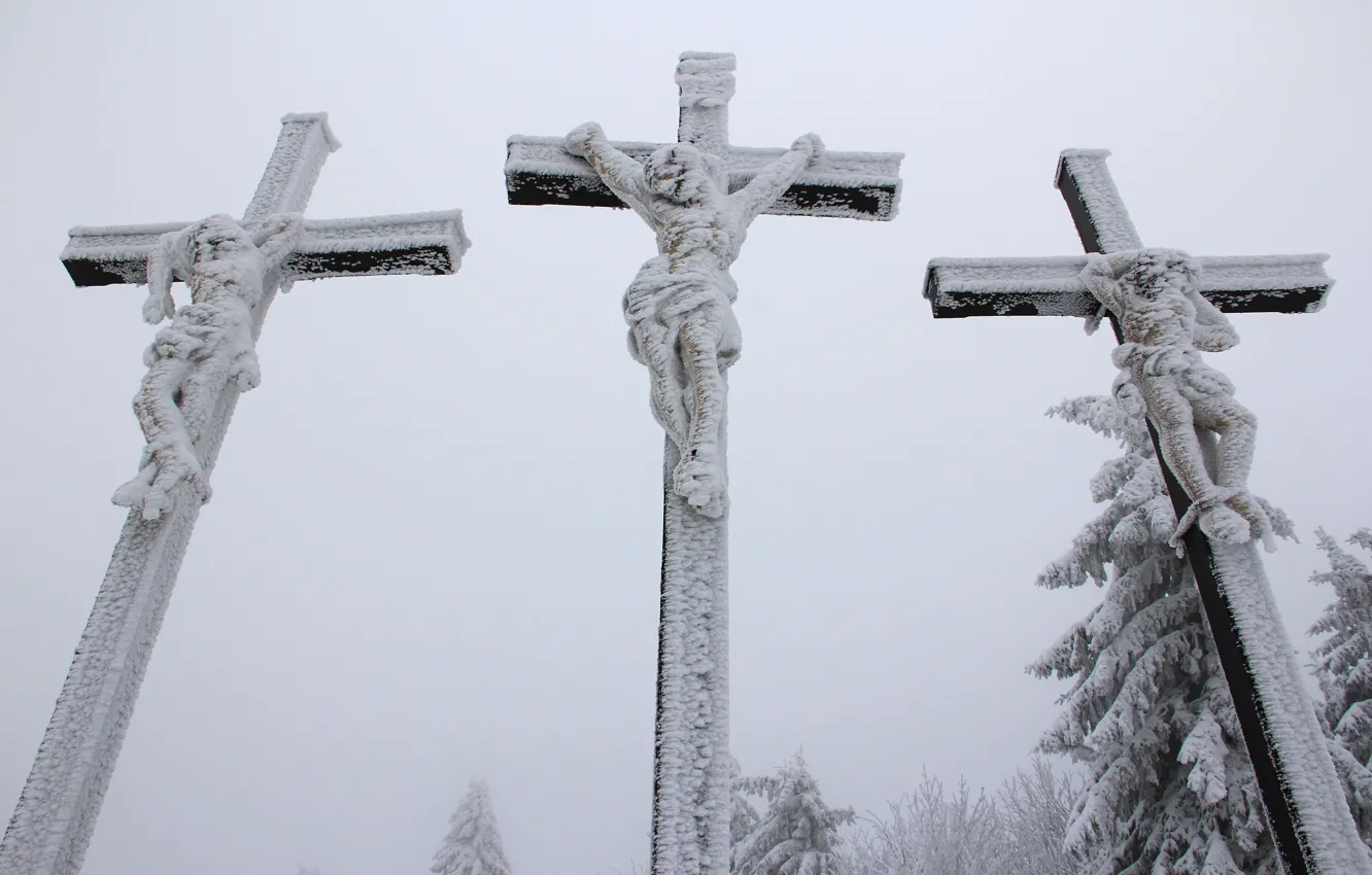 Photo wallpaper snow, cross, crucifix