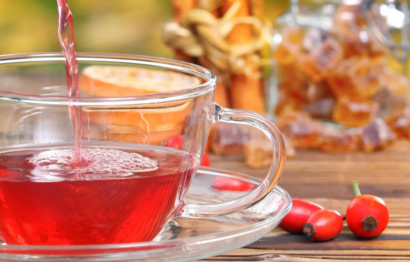 Photo wallpaper berries, tea, briar, mug, drink, saucer