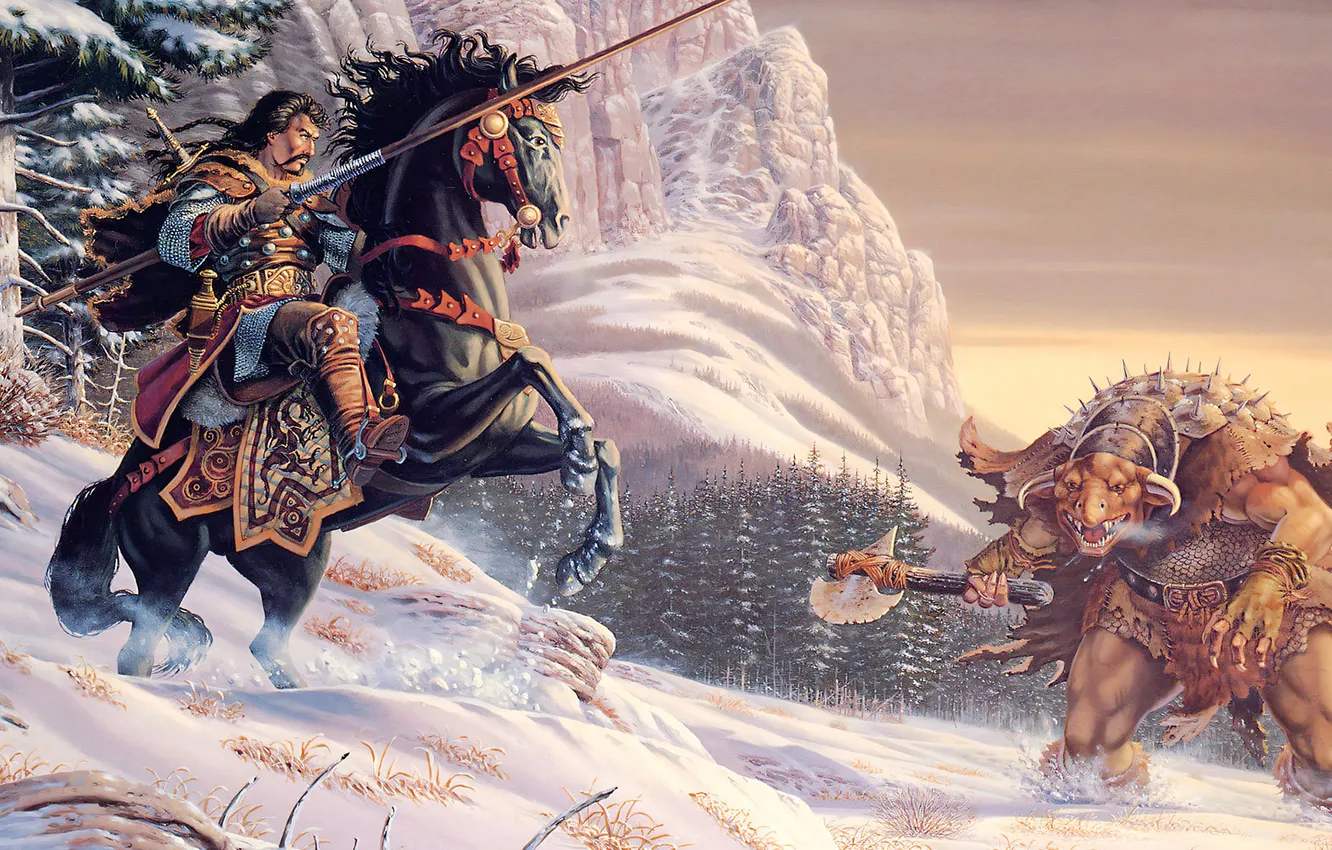Photo wallpaper horse, rider, spear, Orc, Larry Elmore
