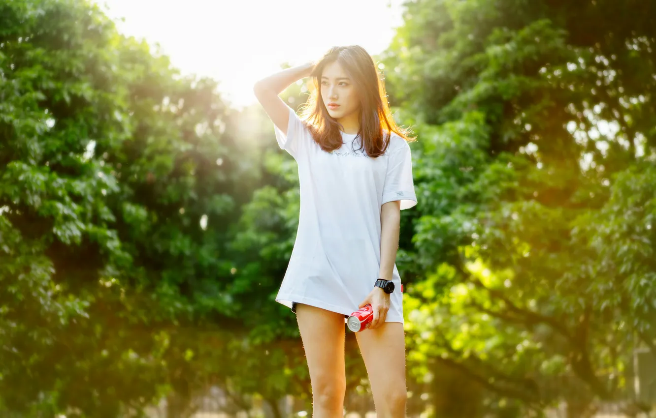 Photo wallpaper forest, girl, the sun, Bank, Asian, cola, Marco Xu