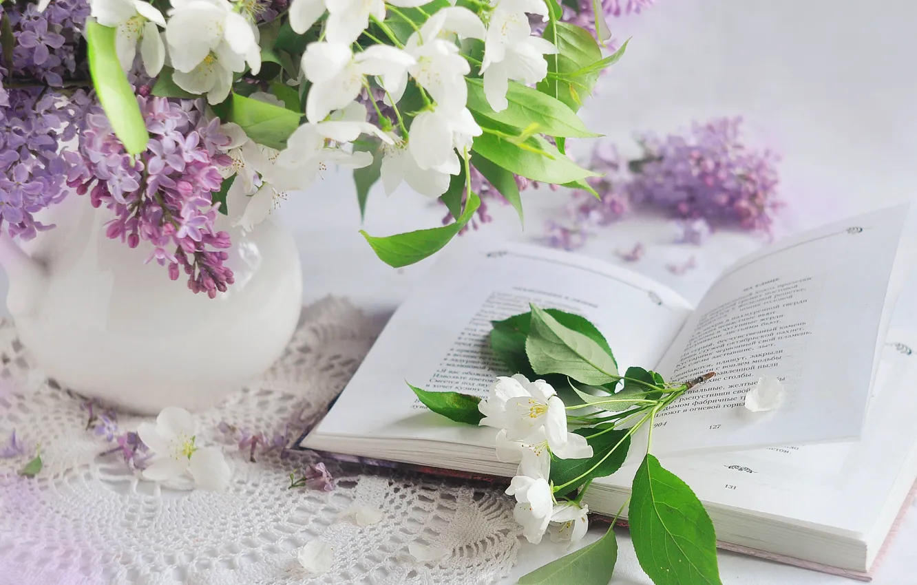 Photo wallpaper flowers, table, bouquet, spring, book, still life, lilac, napkin