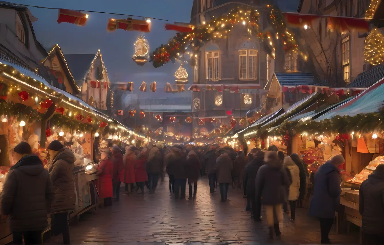 Photo wallpaper winter, snow, the city, movement, the crowd, people, new year, the evening