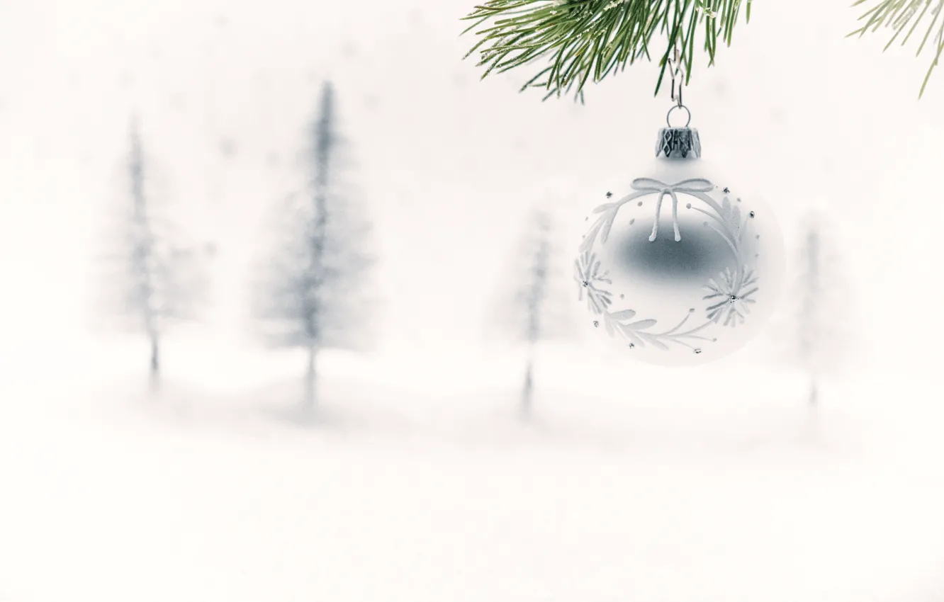 Photo wallpaper winter, forest, balls, snow, branches, background, new year, silver