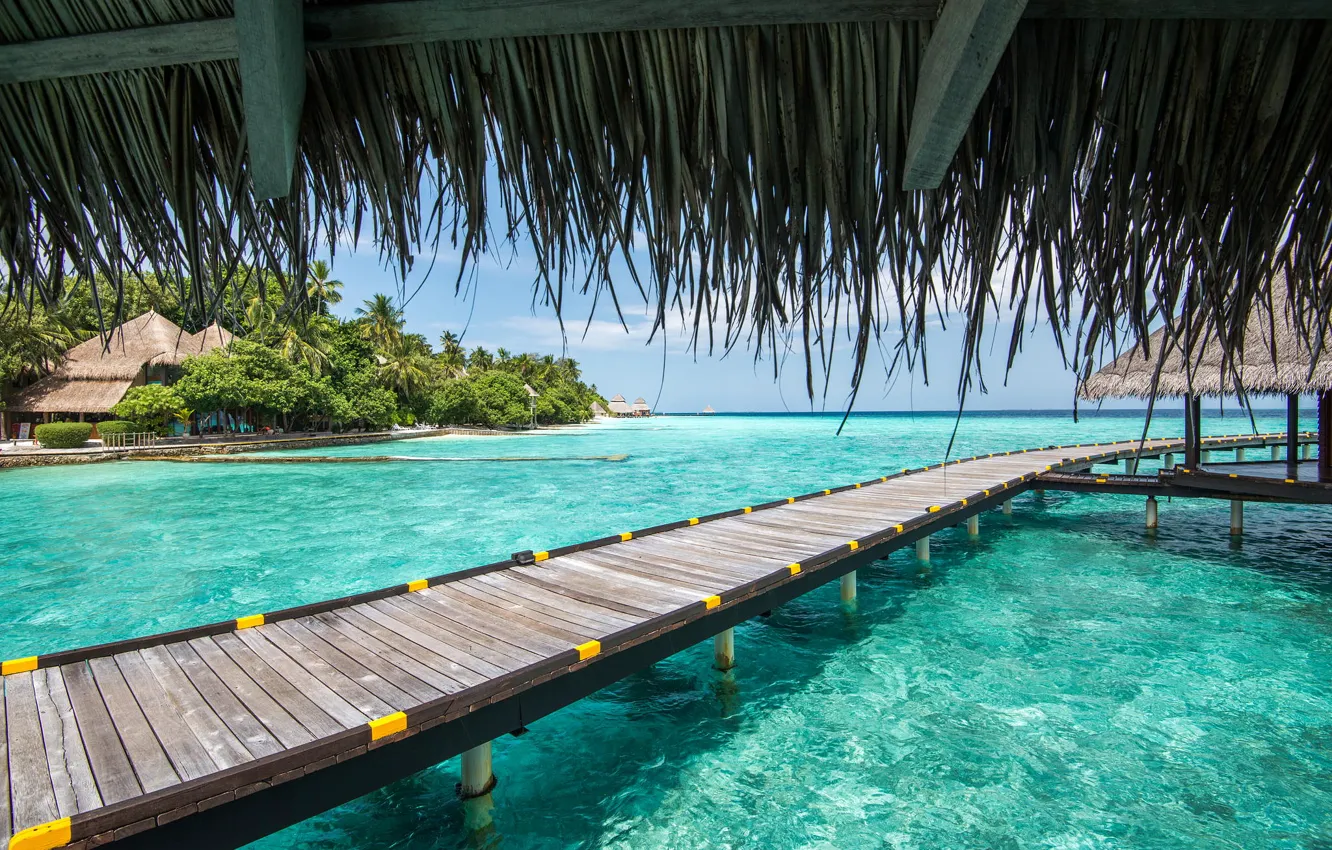 Photo wallpaper the sky, clouds, trees, the ocean, pierce, Bungalow