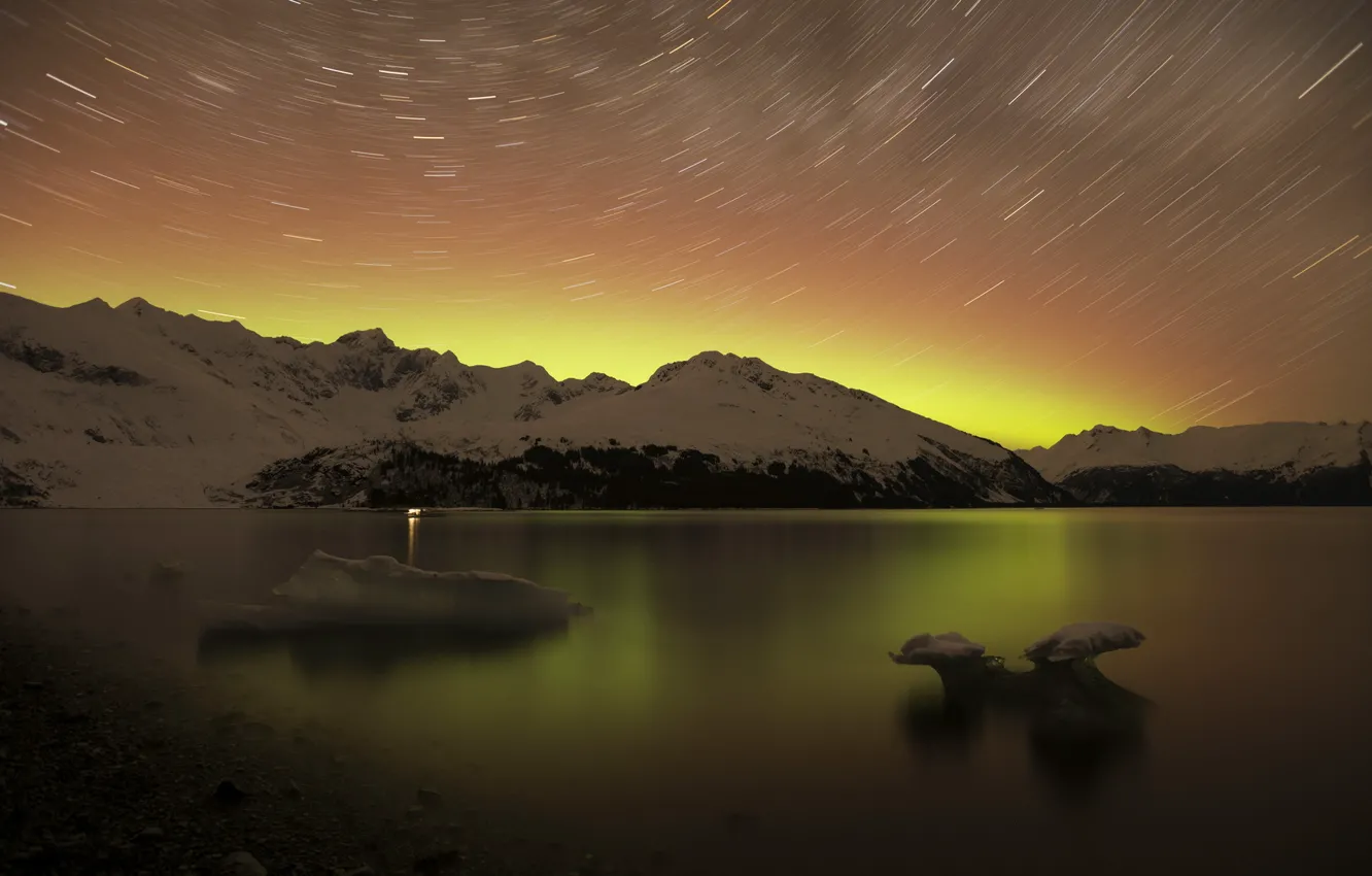 Photo wallpaper stars, landscape, mountains, night, nature, lake