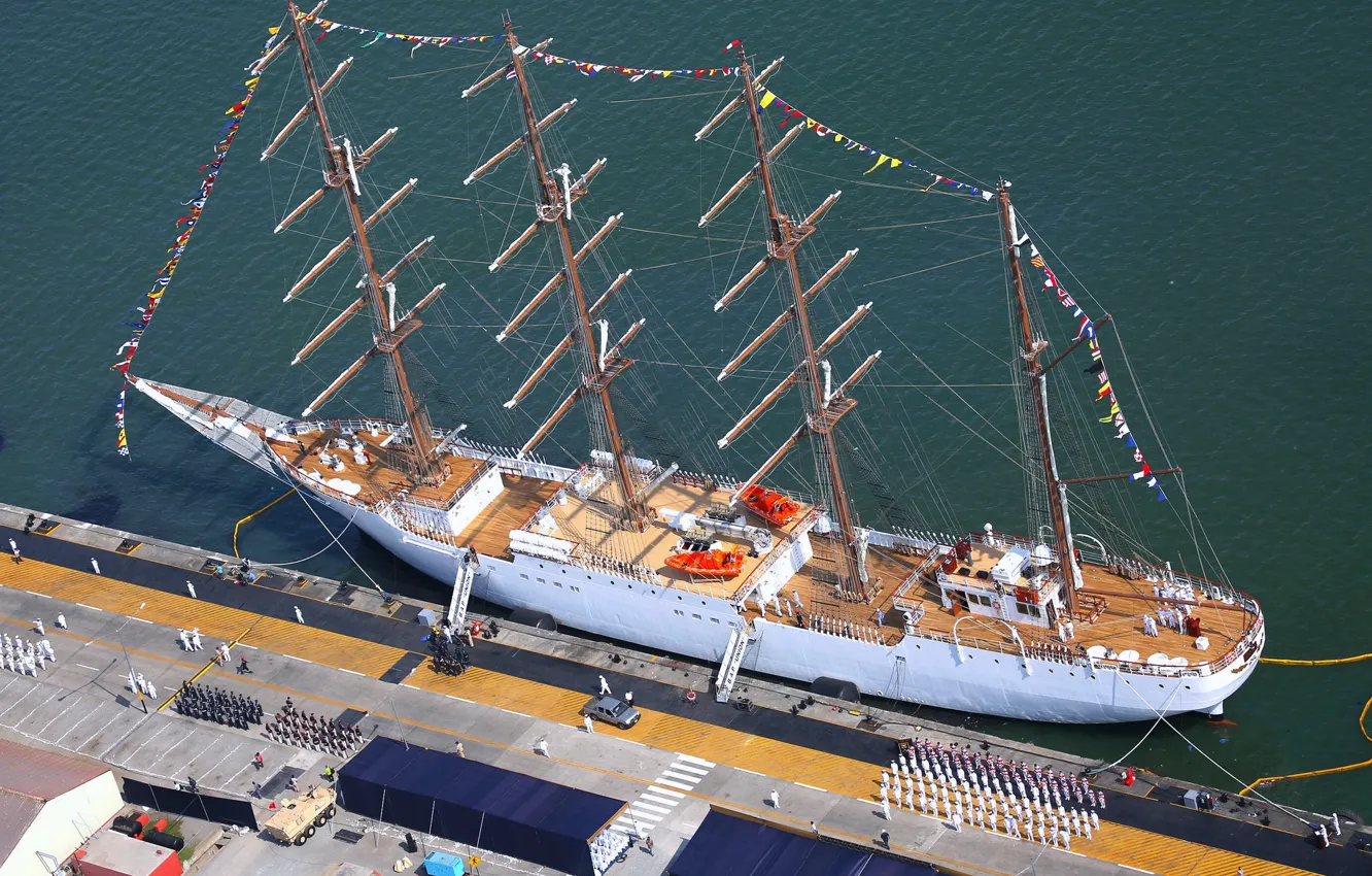 Photo wallpaper ship, sailboat, pier, port, mast, mooring, sailing, bark
