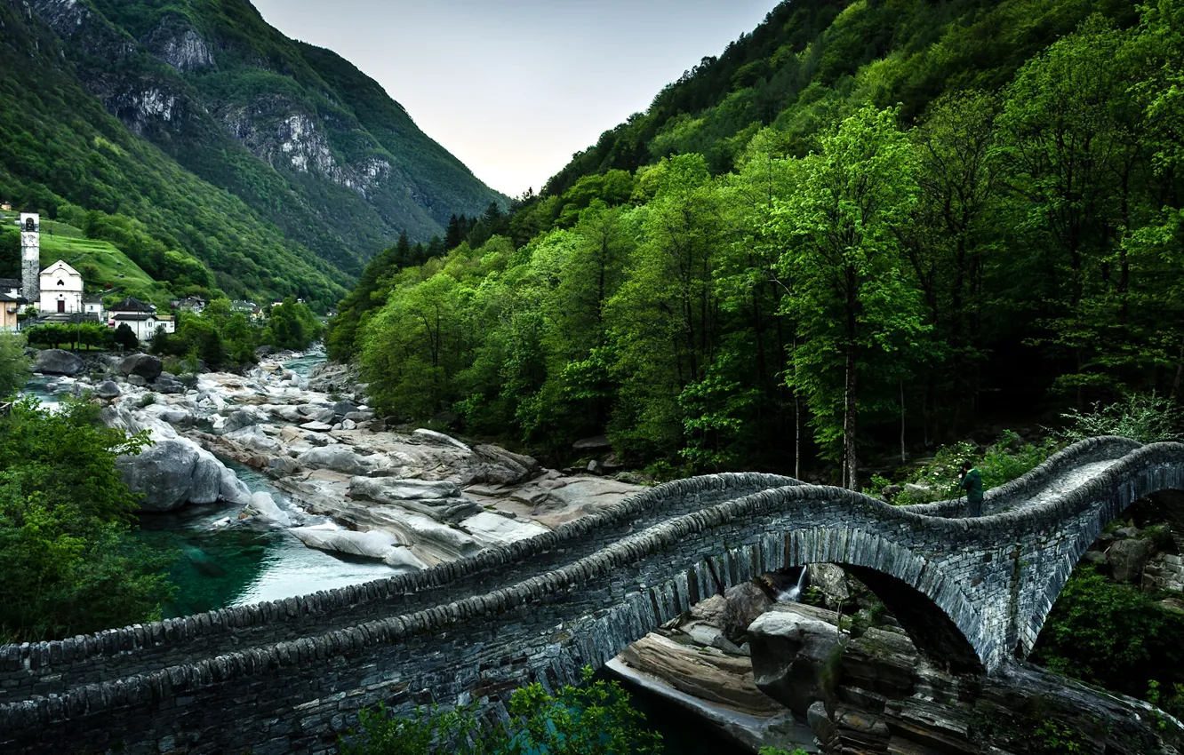 Photo wallpaper forest, mountains, bridge, river, Switzerland, village, Church, Switzerland
