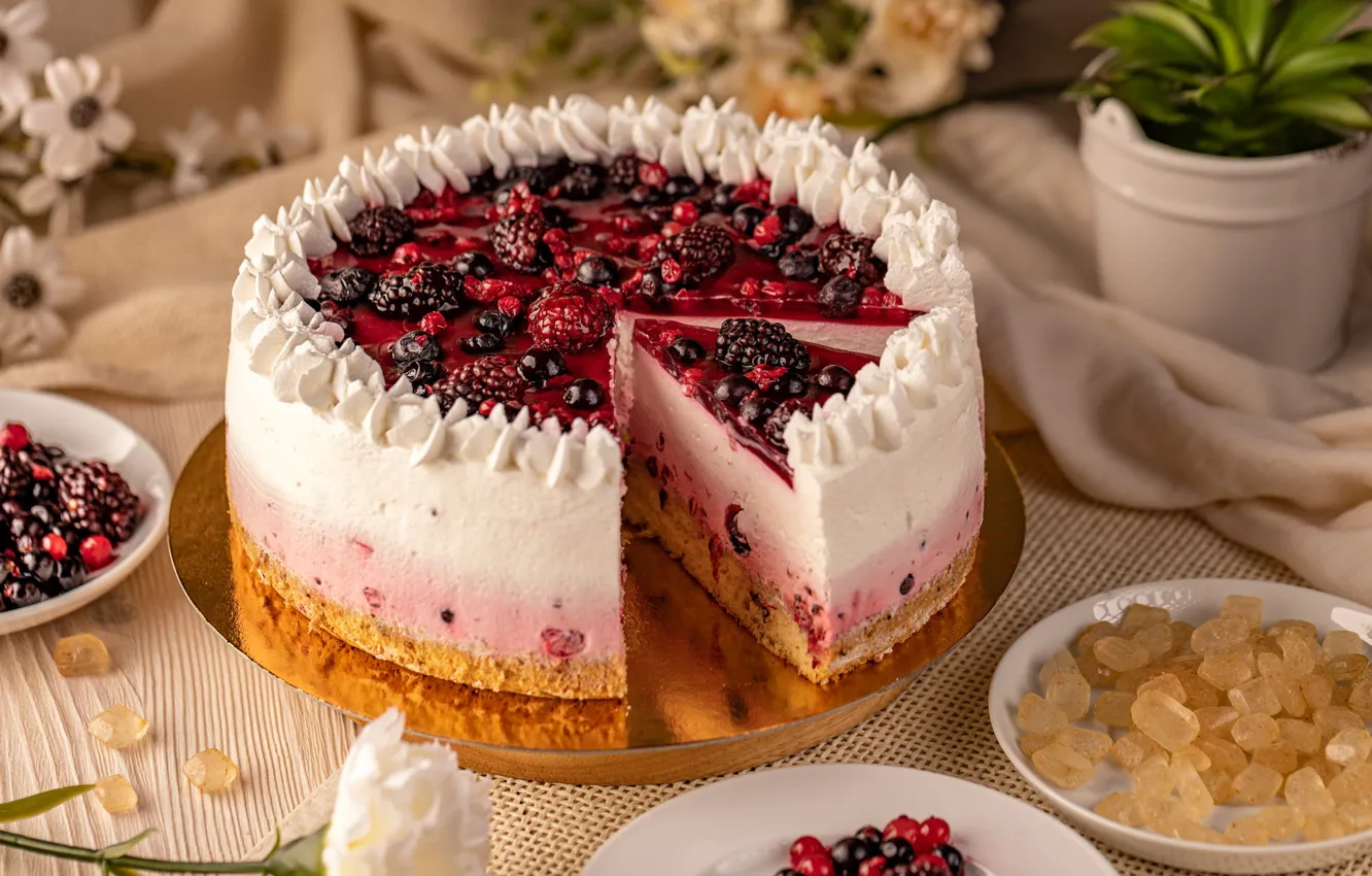 Photo wallpaper cake, souffle, berries, cream, lollipops, BlackBerry