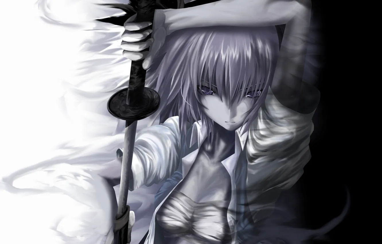Photo wallpaper girl, white, figure, sword, katana, black, touhou