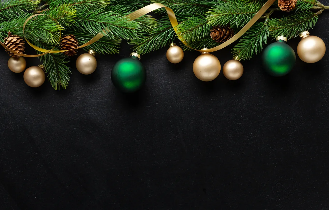 Photo wallpaper decoration, the dark background, balls, new year, Christmas, dark, golden, black