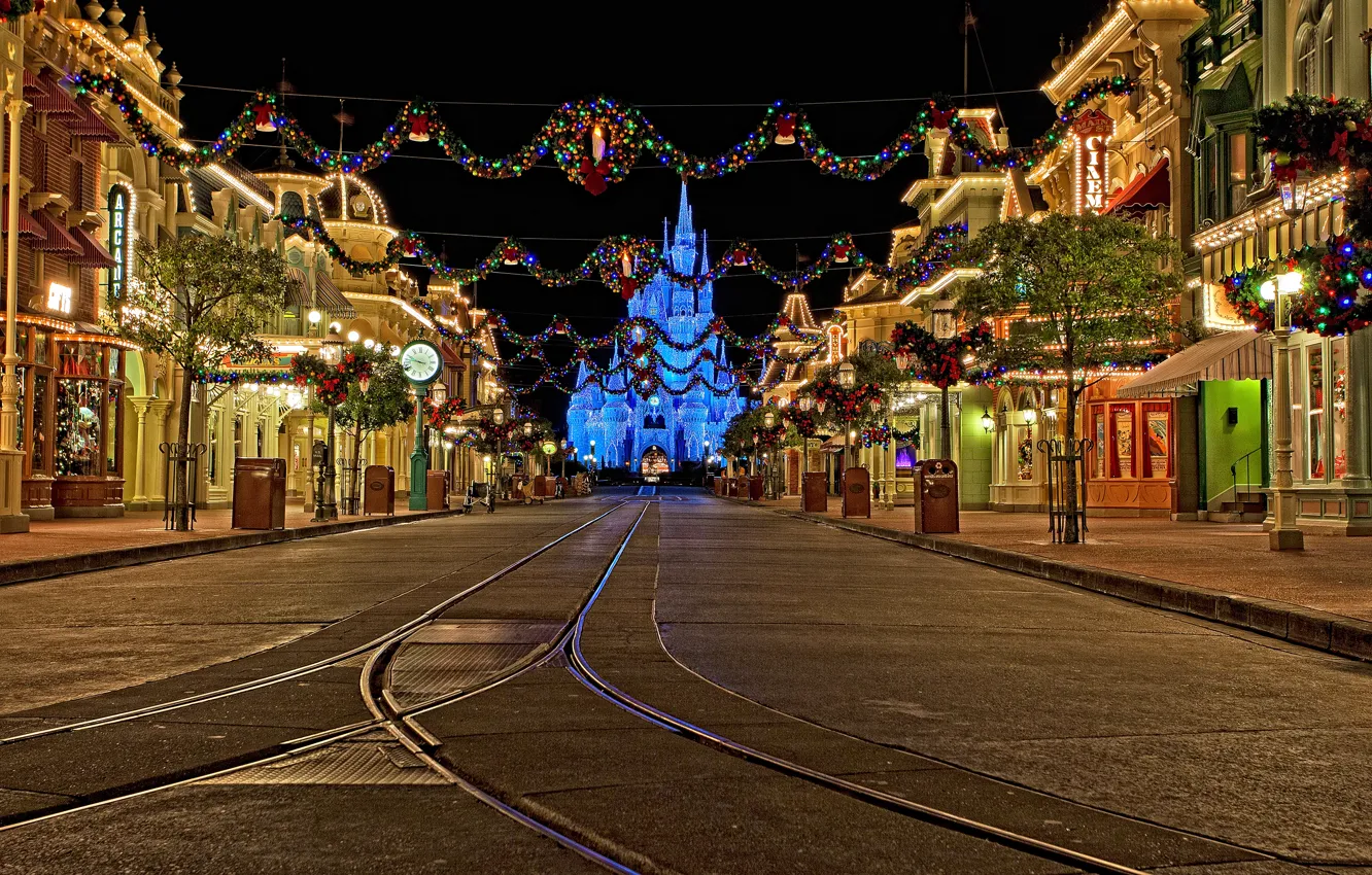 Photo wallpaper decoration, night, street, CA, New year, USA, garland, Disneyland